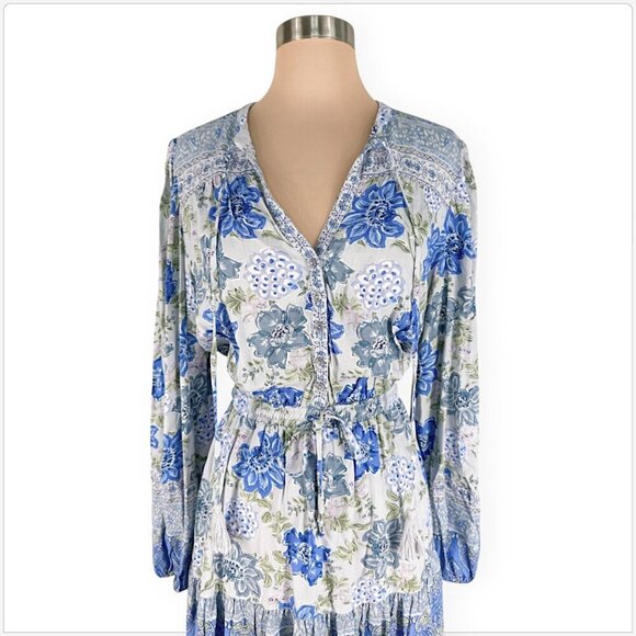 Lucky Brand Blue Floral Pattern Elastic Waist Long Sleeve Bohemian Dress NWT L - Picture 5 of 7